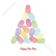 Happy new years pine tree with colorful finger prints vector greeting card