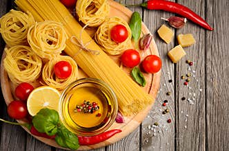 Pasta, vegetables, herbs and spices for Italian food