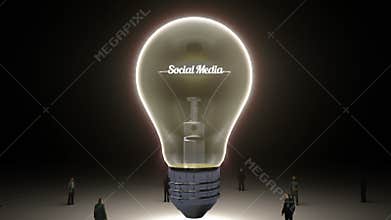 Typo 'Social media' in light bulb and surrounded businessmen, engineers, idea concept version (included alpha)