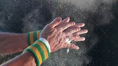 Hands of Gymnast Clapping Chalk Slow Motion