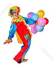 Happy birthday clown playing bunch of balloons