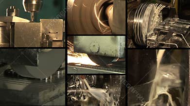 Metal industry. Multiscreen. Lathe machining metal peeling