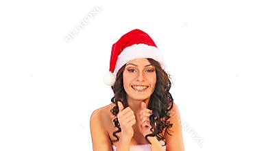 Woman in Santa hat holding shopping bag. Isolated