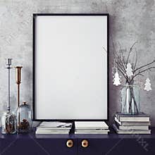 Mock up poster frame in hipster interior background,christamas decoration,