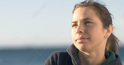 Contemplation thinking about life woman looking to sky close up