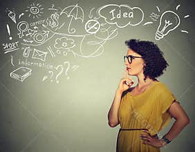 Woman thinking dreaming has many ideas looking side way