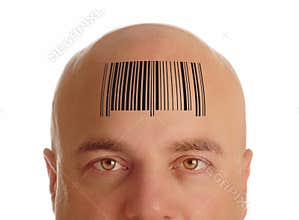 Bald head with barcode