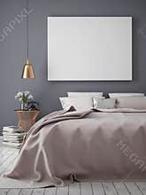 Mock up blank poster on the wall of bedroom,