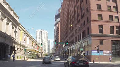 CHICAGO, ILLINOIS - CIRCA AUGUST 2015: Driving car in traffic on streets of downtown Chicago, Illinois, USA