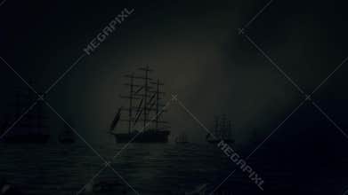 Massive Fleet of Sailing Ships Leave Shore and Sailing to the Sea Under a Lightning Storm