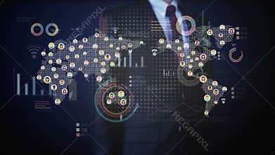 Businessman touching connected people, using communication technology. with economic diagram,chart. social media.