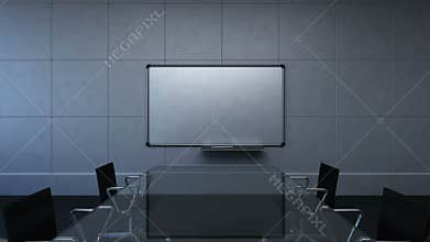Conference room, brainstorming, forward moving camera, front white board presentation. night time. 3D.