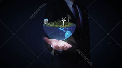 Businessman open palms, Earth changes Wind power energy panel, Eco-friendly energy.