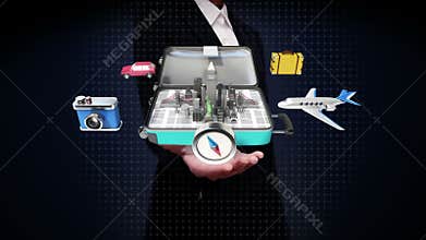 Businesswoman open palms, Opened a traveling bag, trunk, Prepare to travel for city, tour.