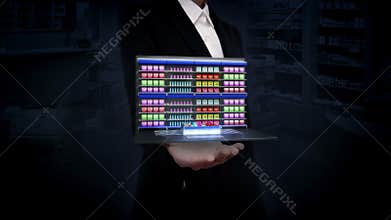 Businesswoman open palms, Tablet keyboard changed grocery online shop, online supermarket. shopping cart.online purchase.