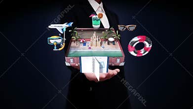 Businesswoman open palms, Opened a vintage leather traveling bag, trunk, Prepare to travel for summer vacation, tour