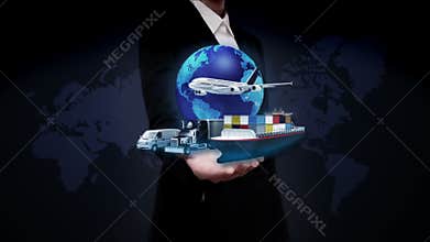 Businesswoman open palms, Growing Global Network with airplane, train,ship, car transportation, world map,earth.