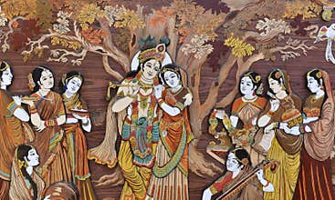 Raised crafted Indian Hindu Gods Krishna and Radha on wood, whole background