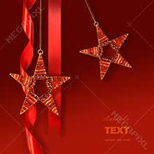 Christmas star ornaments against red background