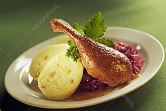 Roast Duck, Red Cabbage and Dumplings