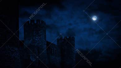 Castle Wall At Night With Full Moon