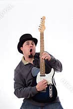 Crazy Guitarist in Tophat Making Funny Face
