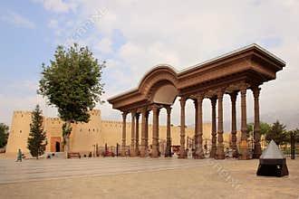 The arch in the park and Khujand Fortress (citadel), Tajikistan in Khujand city, Tajikistan