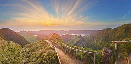 Mountain landscape with hiking trail and view of beautiful lakes, Ponta Delgada, Sao Miguel Island, Azores, Portugal