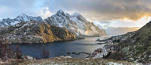 Panorama of mystic evening landscape on Lofoten islands
