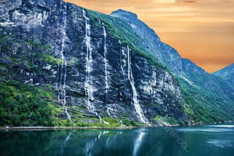 Geiranger fjord, Norway: landscape with mountains and waterfalls