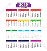 2019 Year calendar isolated on white background vector illustra