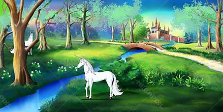 White Unicorn in a Magic Forest Near a Fairy Tale Castle