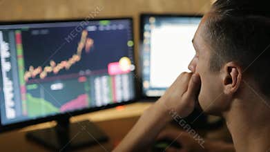 Man works on the financial market on computer
