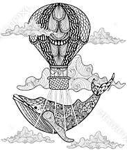 Hand drawn vector Whale flying with artistic air balloon in clouds. Doodle magic zentangle style. Child illustration for