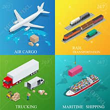 Global logistics network. Flat 3d isometric vector illustration. Set of air cargo trucking rail transportation maritime