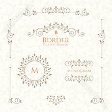 Collection of decorative elements. Borders, monograms and seamless pattern.