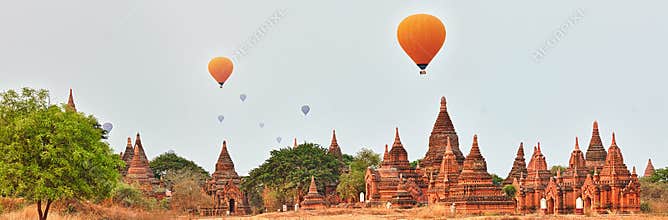 Balloons over Temples in Bagan. Myanmar.