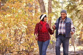 Senior African American Couple Walking Through Fall Woodland