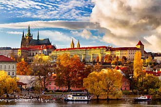 Prague autumn landscape view to saint vitus cathedral and castle