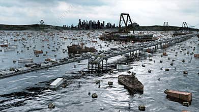 Apocalypse sea view. Destroyed bridge. Armageddon concept. Super realistic 4K animation.