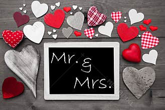 Chalkbord With Many Red Hearts, Mr And Mrs