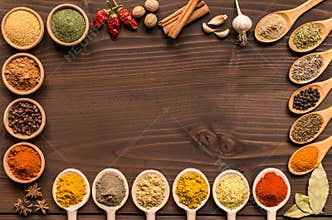 Indian spices and dried herbs background - Top view