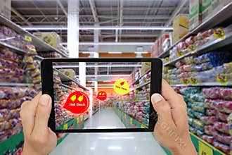 Internet of things marketing concepts,smart augmented reality,customer hold the tablet to see the product that search by ai applic