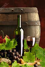Red wine still life with cask