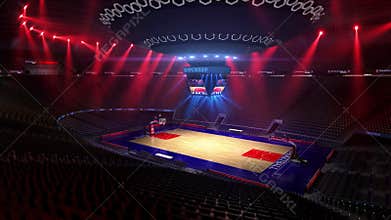 Basketball court without people fan. Sport arena. Ready to start championship. 3d render. Moving lights