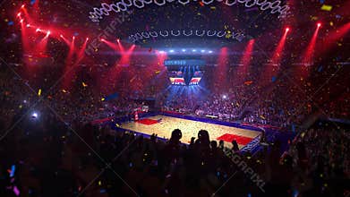 Basketball court with people fan. Sport arena. Ready to start championship. 3d render. Moving lights Confetti and tinsel