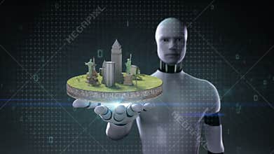 Robot cyborg open palm, Earth changes Travel icon, a famous sight spot.camera, baggage.