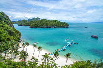 Beach and coconut trees on an island of Mu Ko Ang Thong National Marine Park near Ko Samui in Gulf of Thailand
