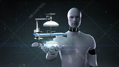 Robot cyborg open palm, Hospital medical surgery clinic operation bed.