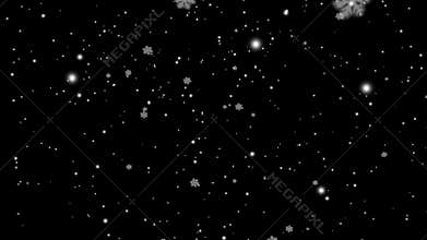Winter black Christmas background with falling snow. Realistic slow motion blurred snowflake 3D animation, full HD.